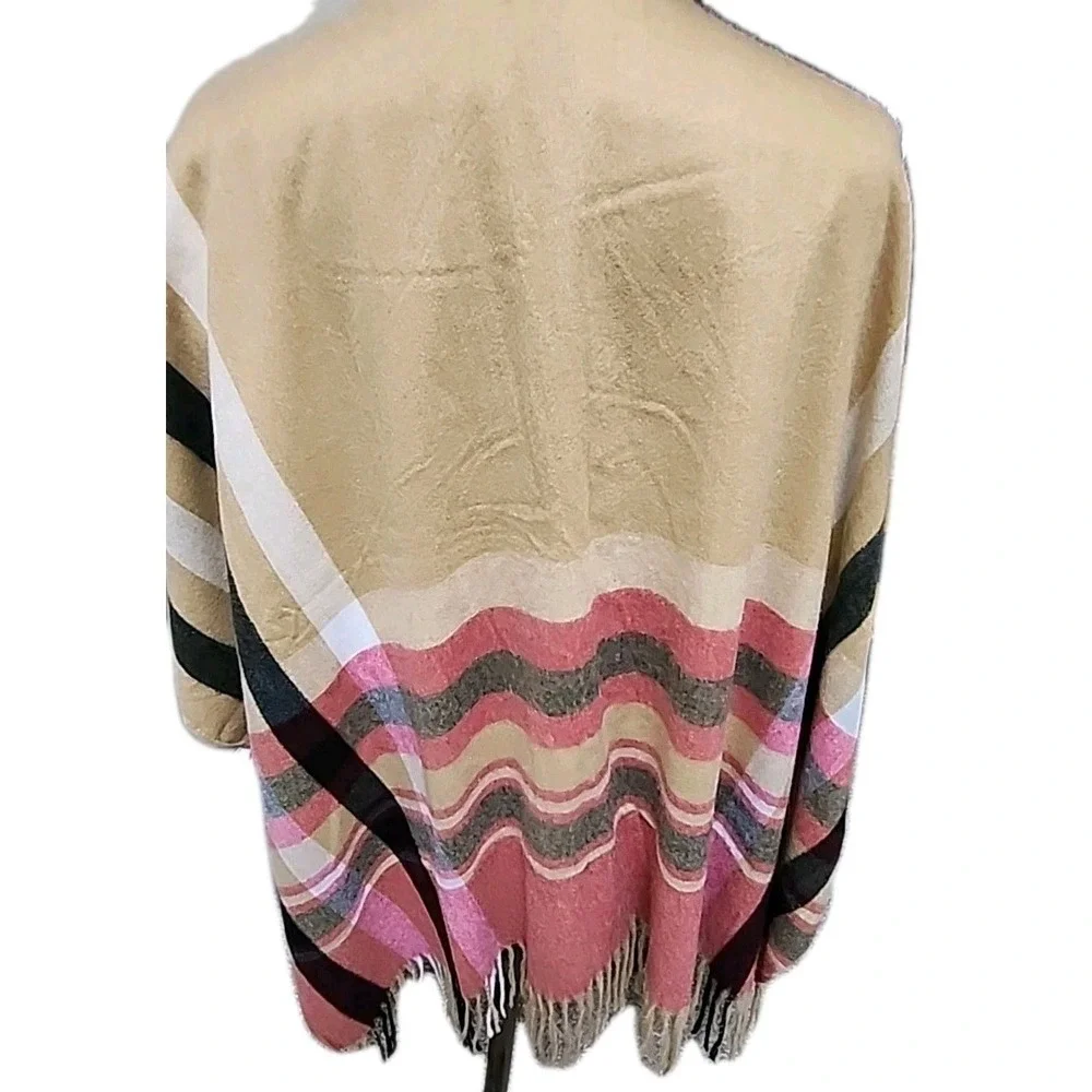 Woolrich Womens One‎ Size Striped Plaid Fringe Open Poncho Wrap HLM0236S Tan